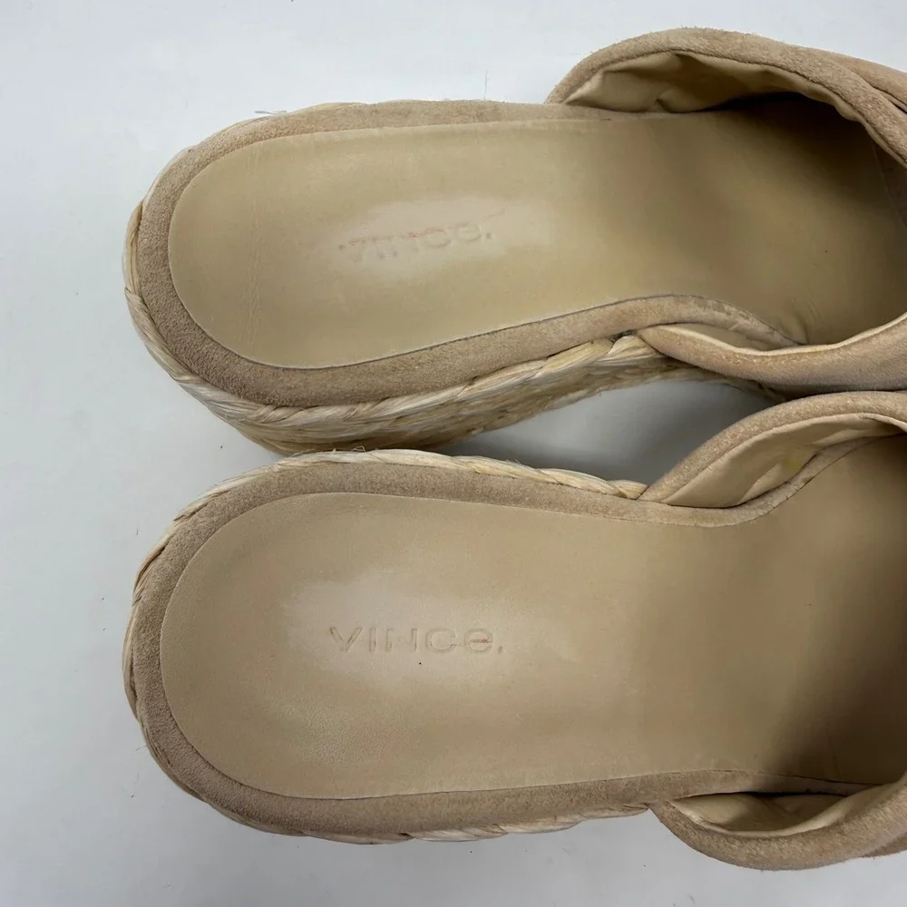 Vince Tan Suede Braided Raffia Wedge Sandals Espadrille Mules Made in Spain 11M